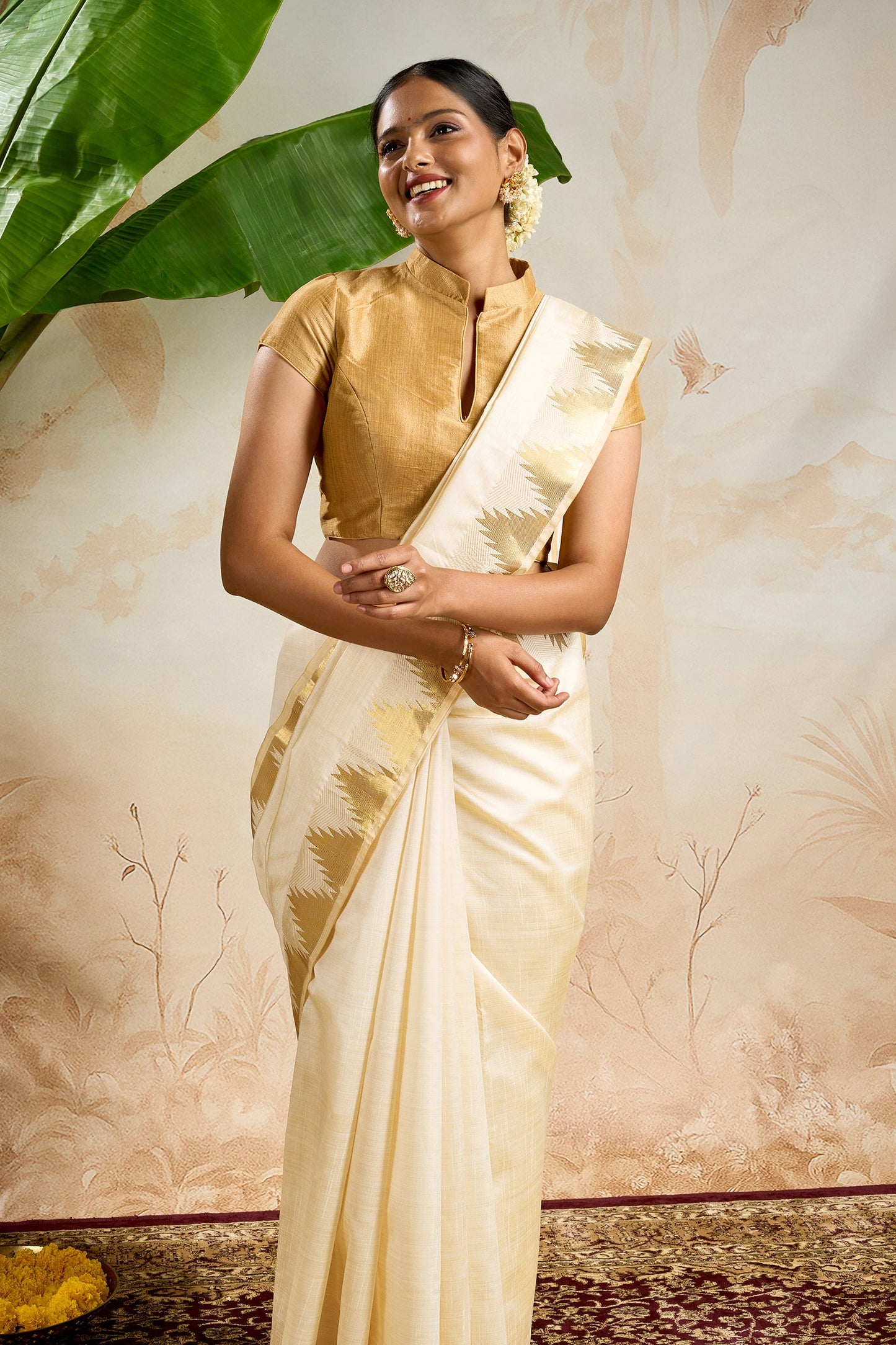 Teejh Kavyam Semi Tussar Silk Off white and Golden Kasavu Saree