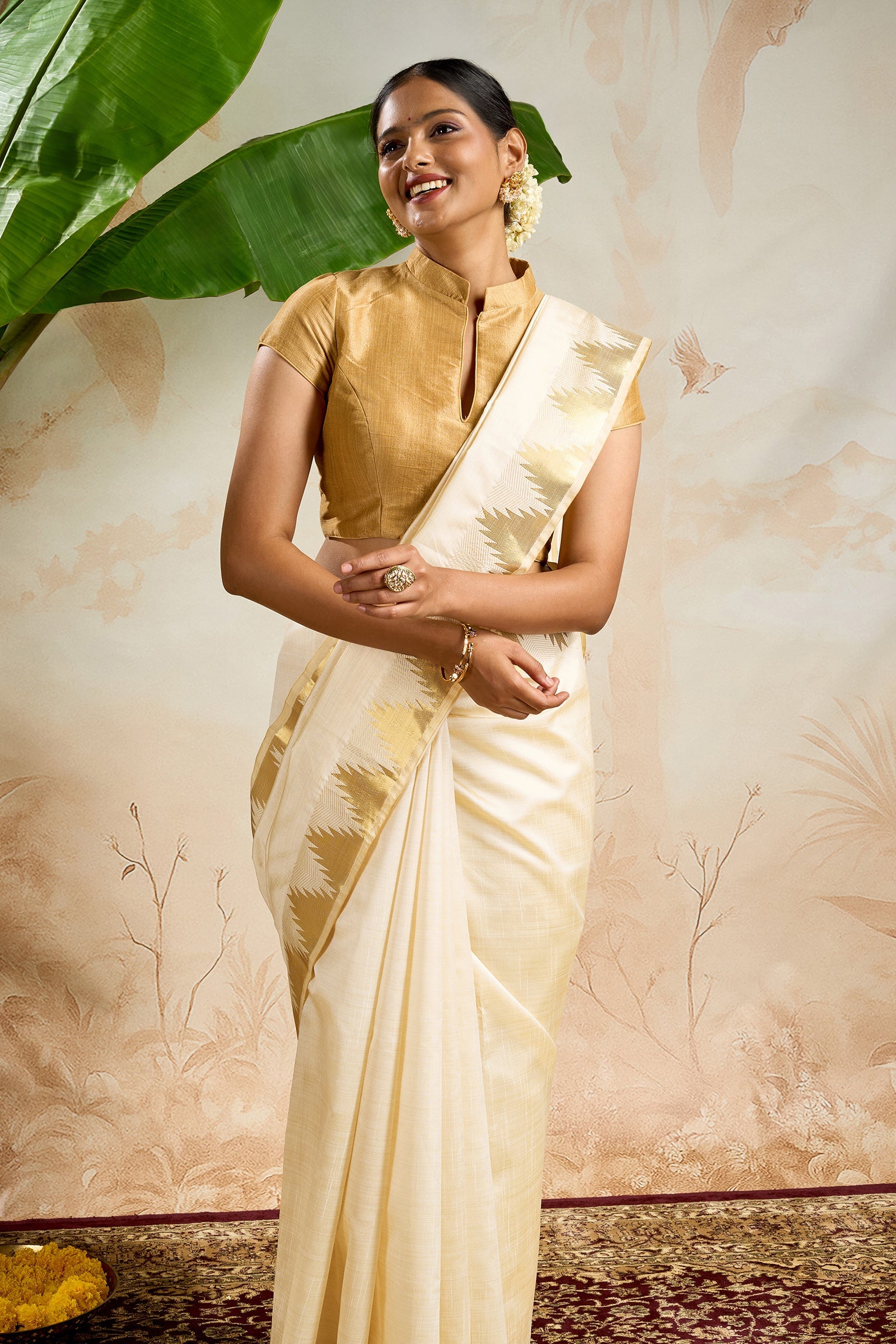 Teejh Kavyam Semi Tussar Silk Off white and Golden Kasavu Saree