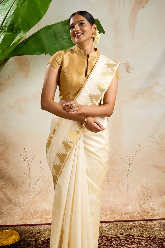 Teejh Kavyam Semi Tussar Silk Off white and Golden Kasavu Saree