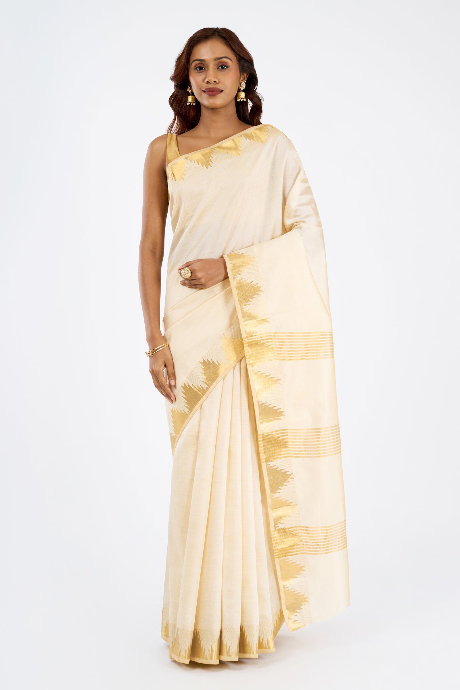 Teejh Kavyam Semi Tussar Silk Off white and Golden Kasavu Saree