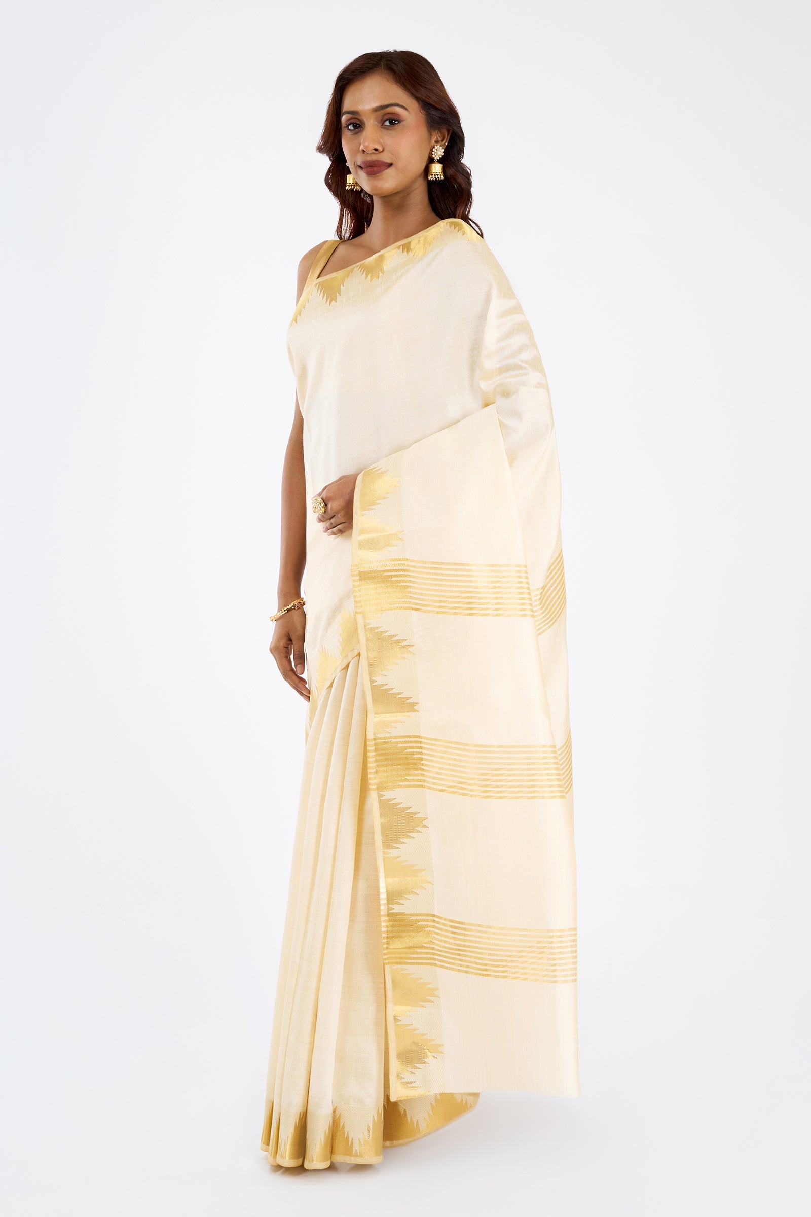 Teejh Kavyam Semi Tussar Silk Off white and Golden Kasavu Saree