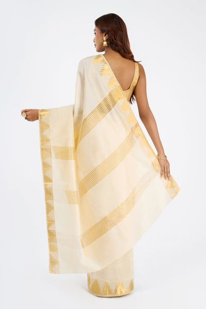 Teejh Kavyam Semi Tussar Silk Off white and Golden Kasavu Saree