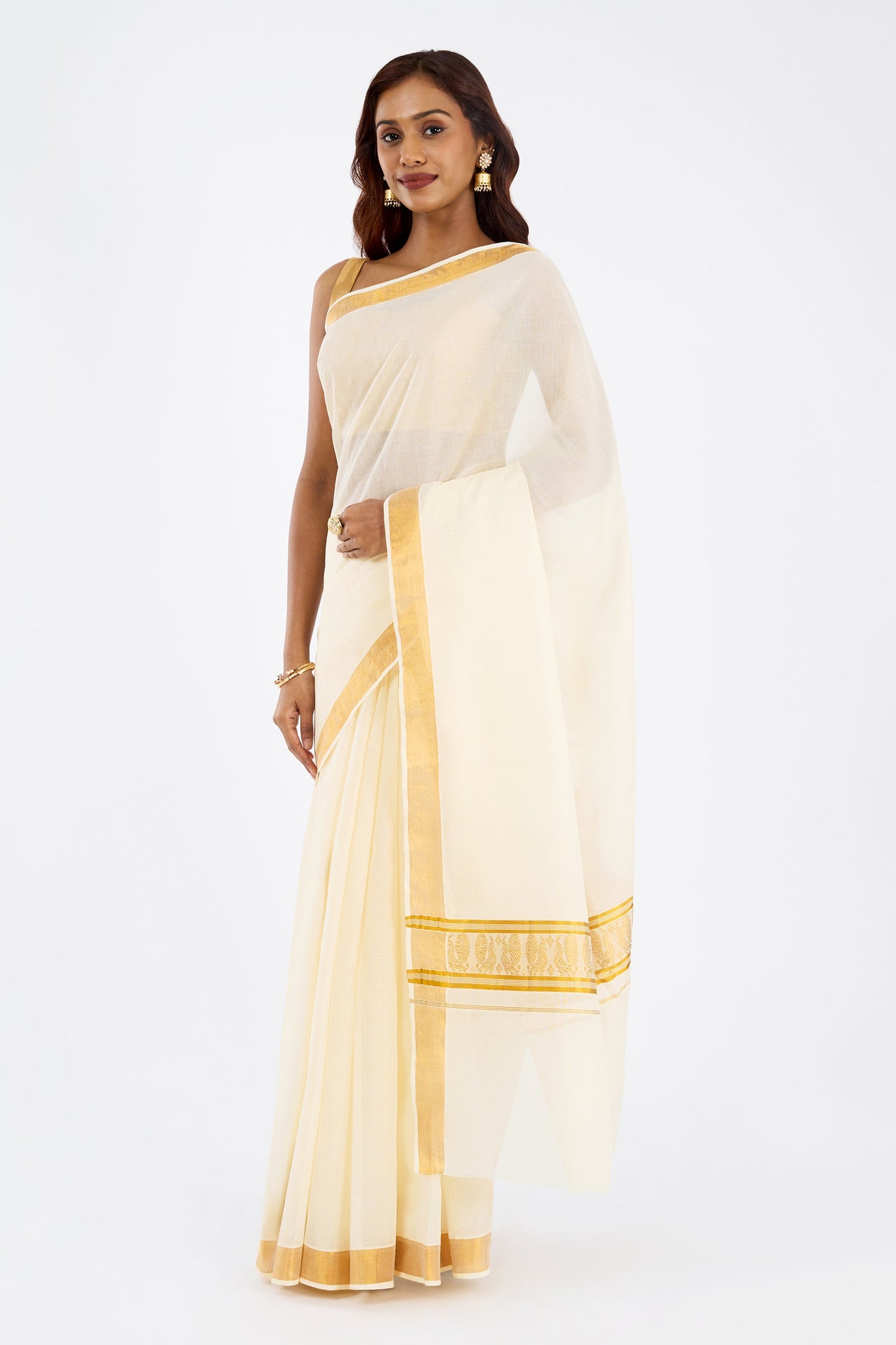 Teejh Kairavi Cotton Off white and Golden Kasavu Saree