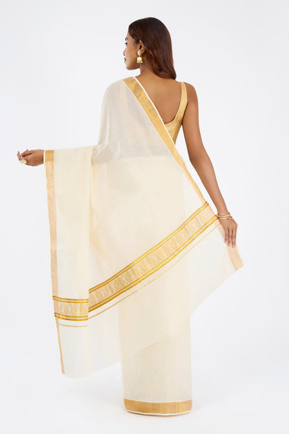 Teejh Kairavi Cotton Off white and Golden Kasavu Saree