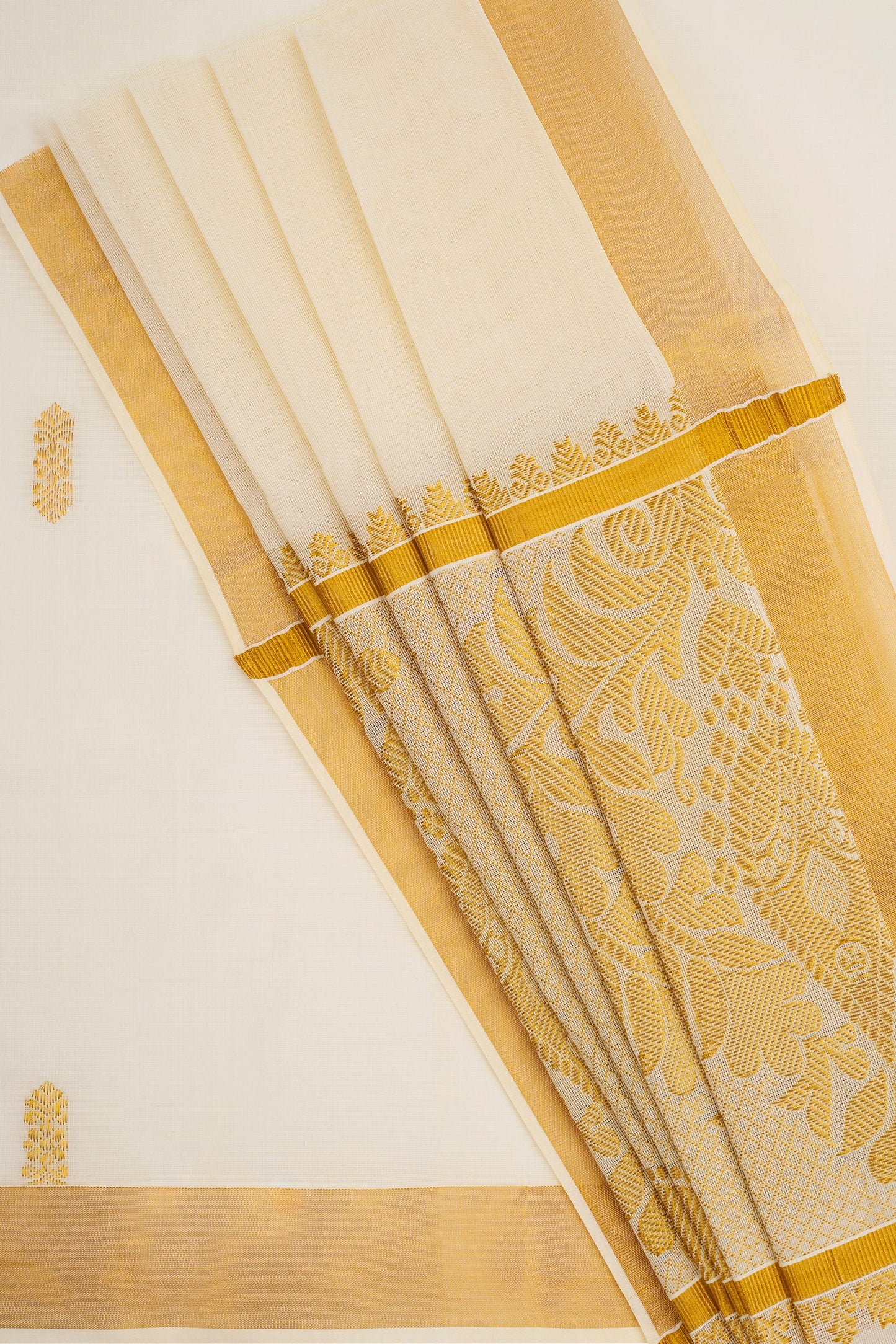 Teejh Revai Cotton Off white and Golden Kasavu Saree