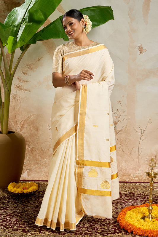 Teejh Aaravam Cotton Off white and Golden Kasavu Saree