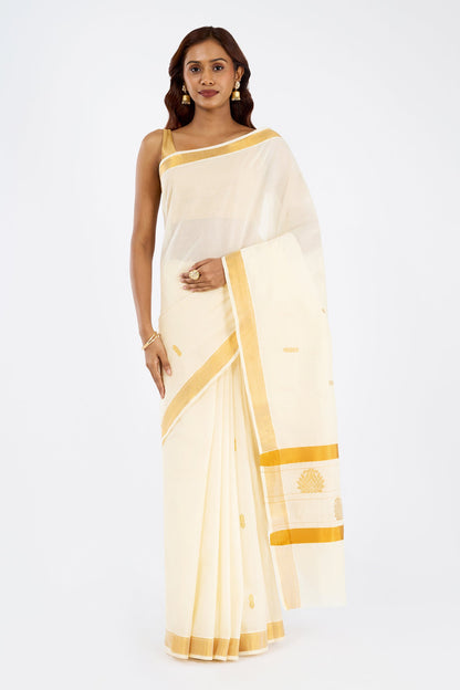 Teejh Aaravam Cotton Off white and Golden Kasavu Saree