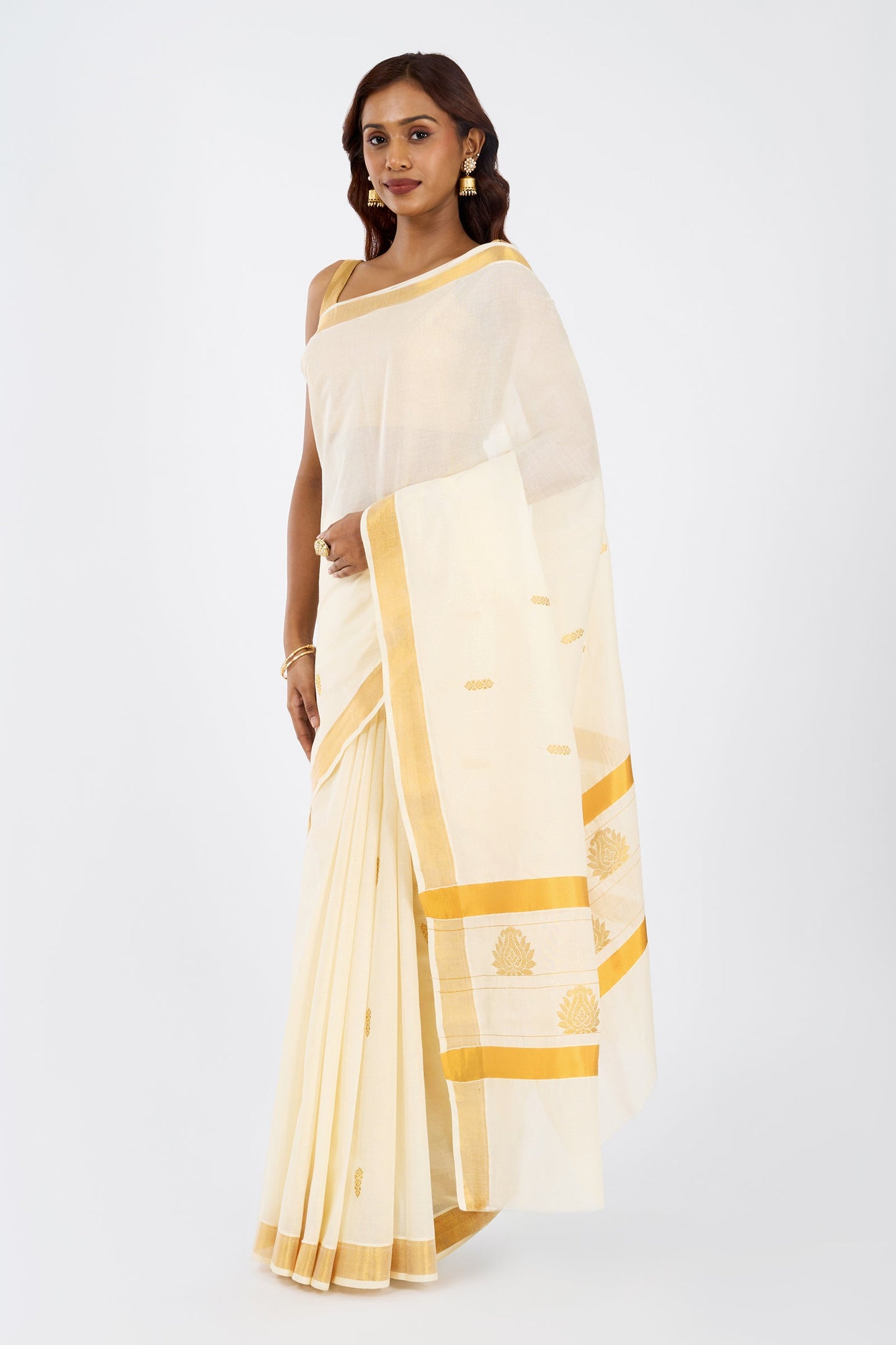 Teejh Aaravam Cotton Off white and Golden Kasavu Saree