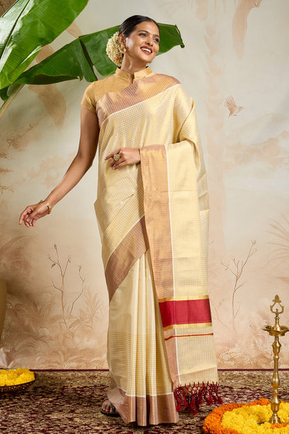 Teejh Ponvillu Tissue Off white and Maroon Kasavu Saree