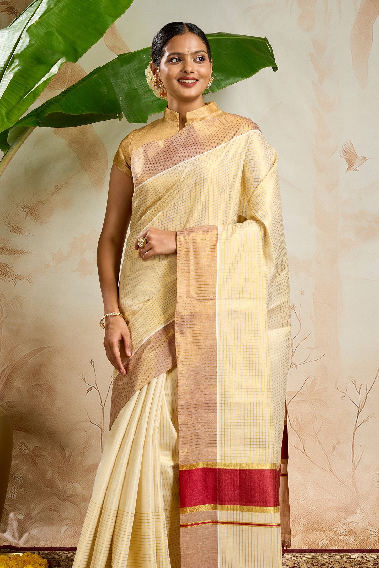 Teejh Ponvillu Tissue Off white and Maroon Kasavu Saree