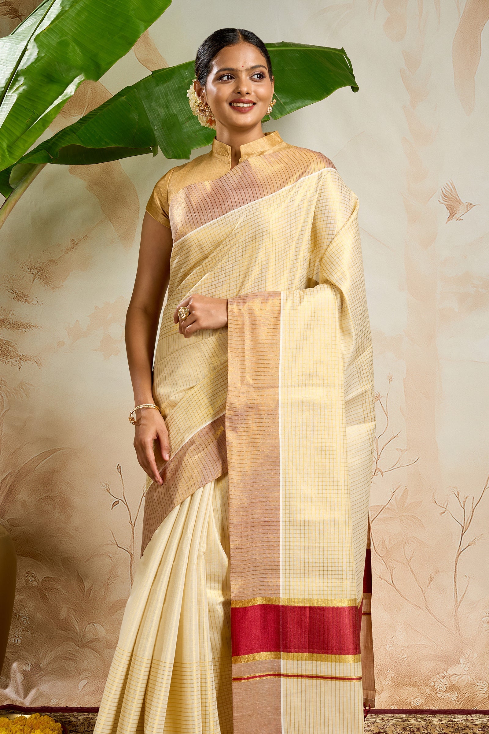 Teejh Ponvillu Tissue Off white and Maroon Kasavu Saree