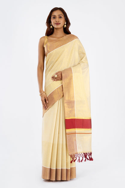 Teejh Ponvillu Tissue Off white and Maroon Kasavu Saree