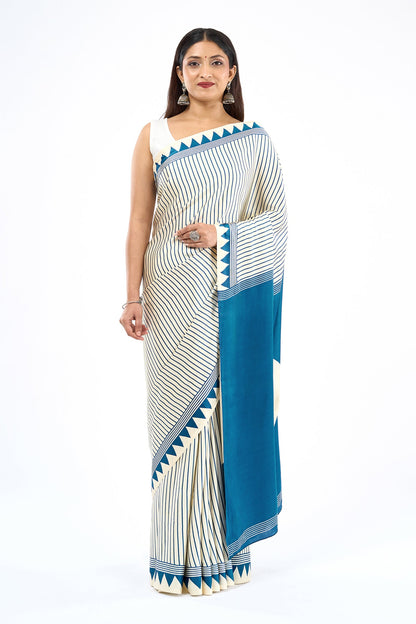 Teejh Kira Cream and Teal Digital Print Modal Silk Saree