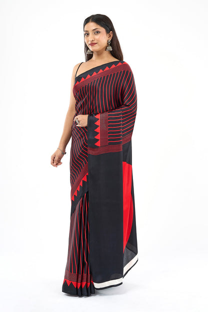 Teejh Velu  Red and Black Digital Print Modal Silk Saree