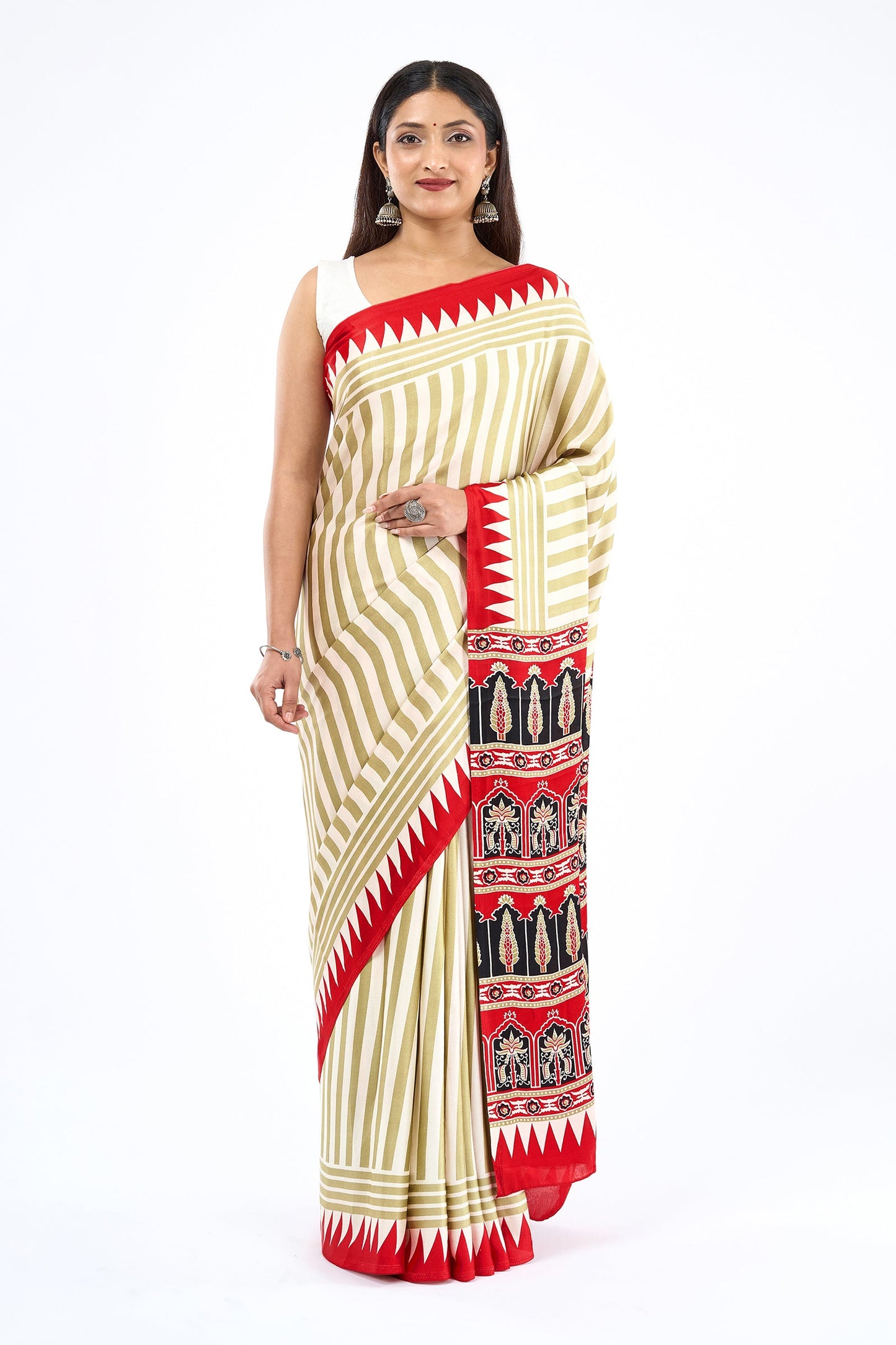 Teejh Rayza Off white, Sage and Red Digital Print Modal Silk Saree