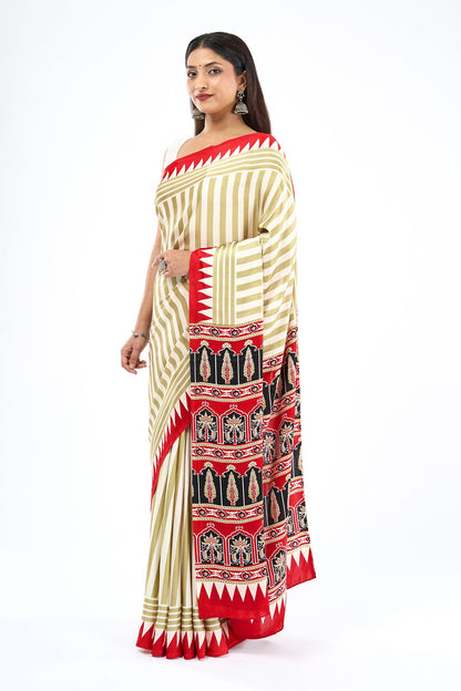 Teejh Rayza Off white, Sage and Red Digital Print Modal Silk Saree
