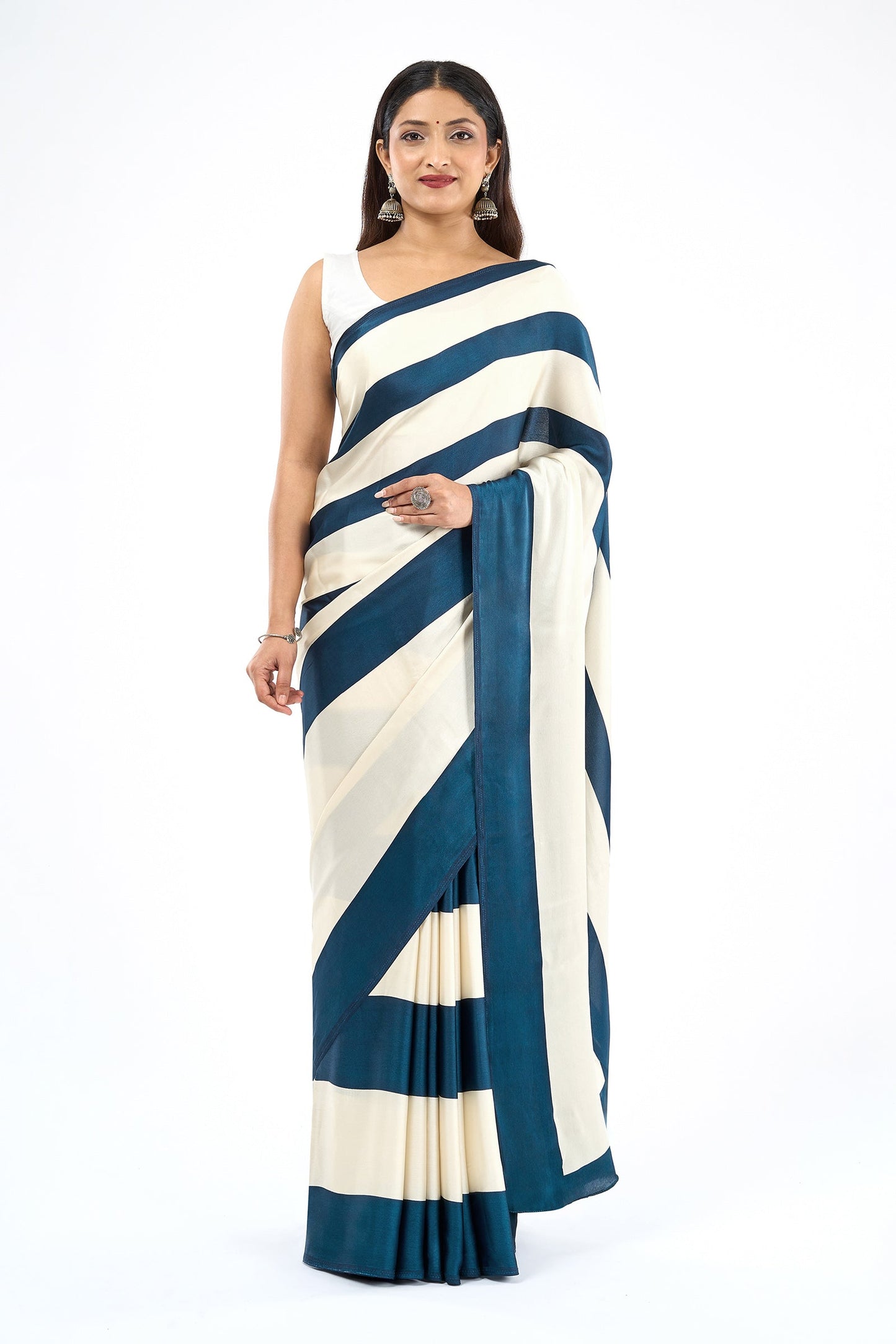 Teejh Aroka White and Navy Blue Digital Print Modal Silk Saree