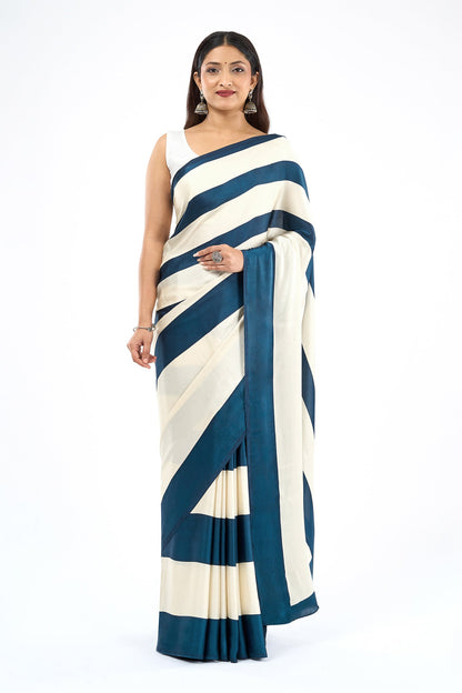 Teejh Aroka White and Navy Blue Digital Print Modal Silk Saree
