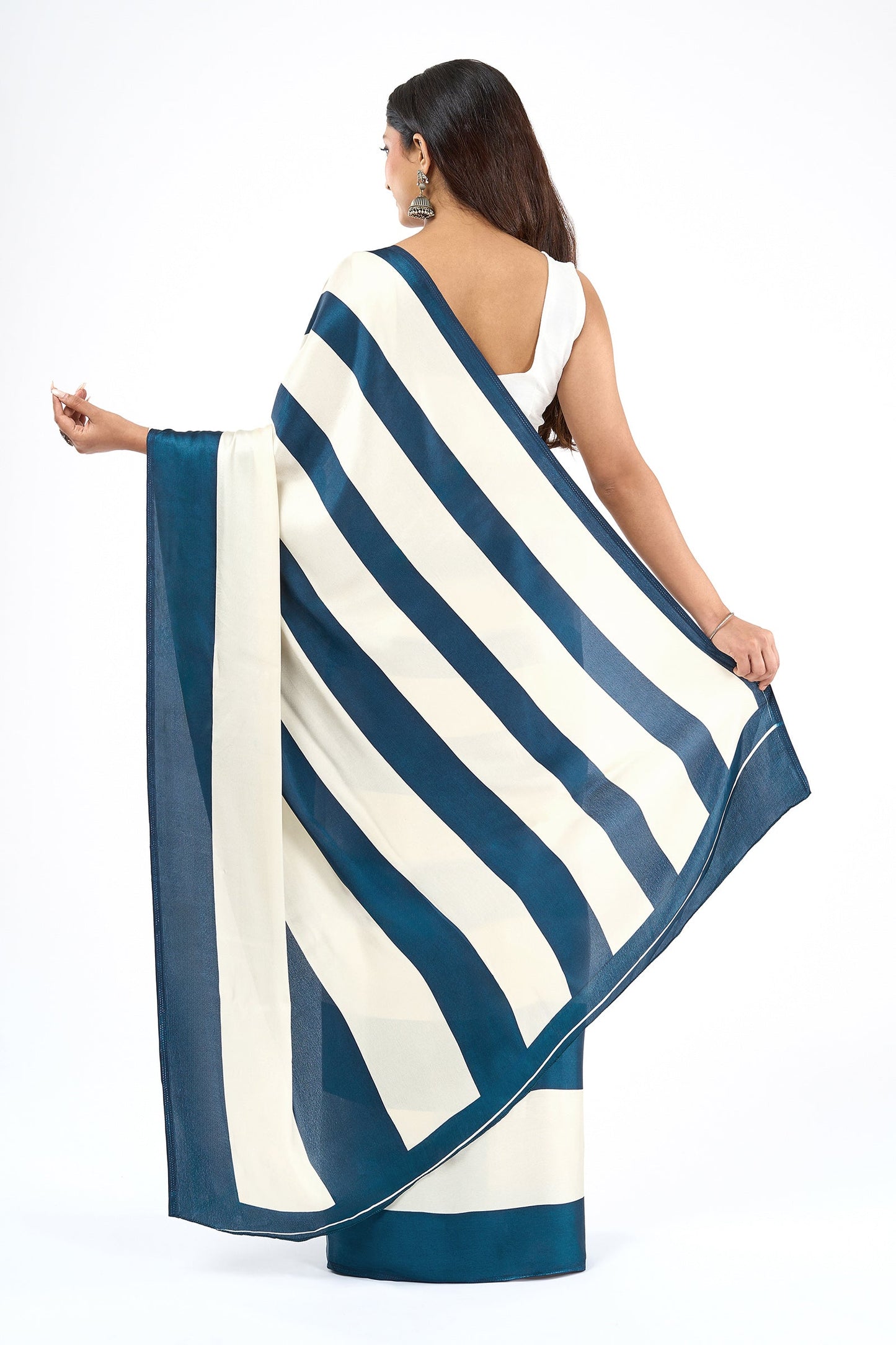 Teejh Aroka White and Navy Blue Digital Print Modal Silk Saree