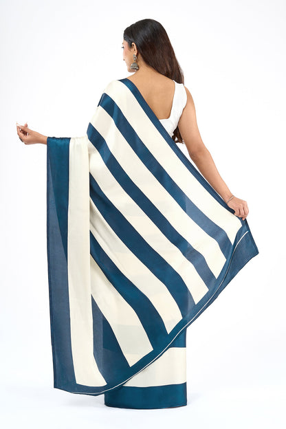 Teejh Aroka White and Navy Blue Digital Print Modal Silk Saree