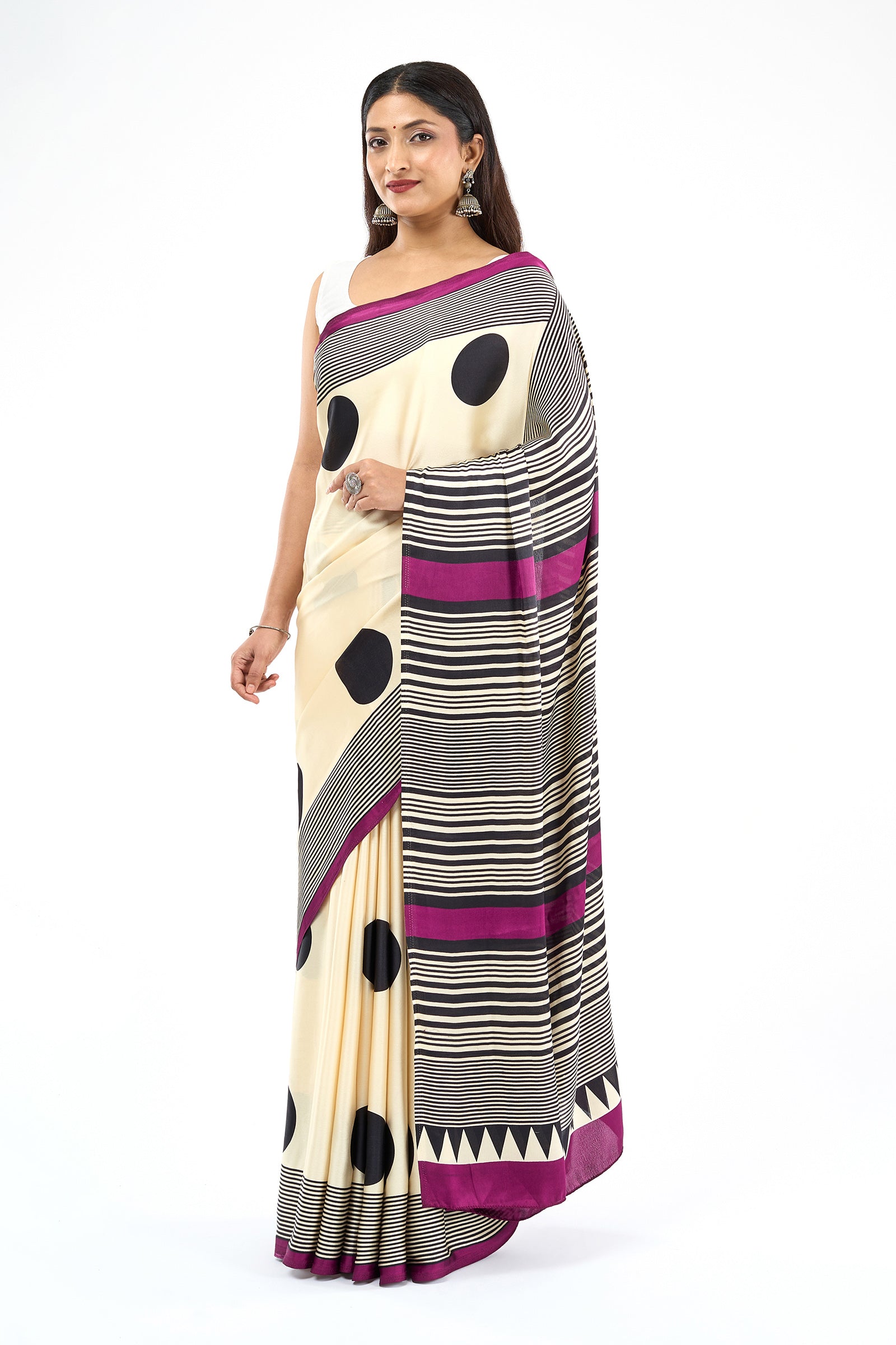 Teejh Afrina Cream, Black and Magenta Digital Print Modal Silk Saree