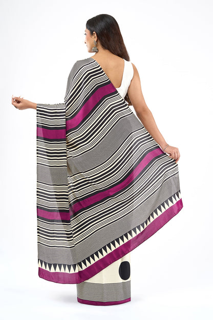 Teejh Afrina Cream, Black and Magenta Digital Print Modal Silk Saree