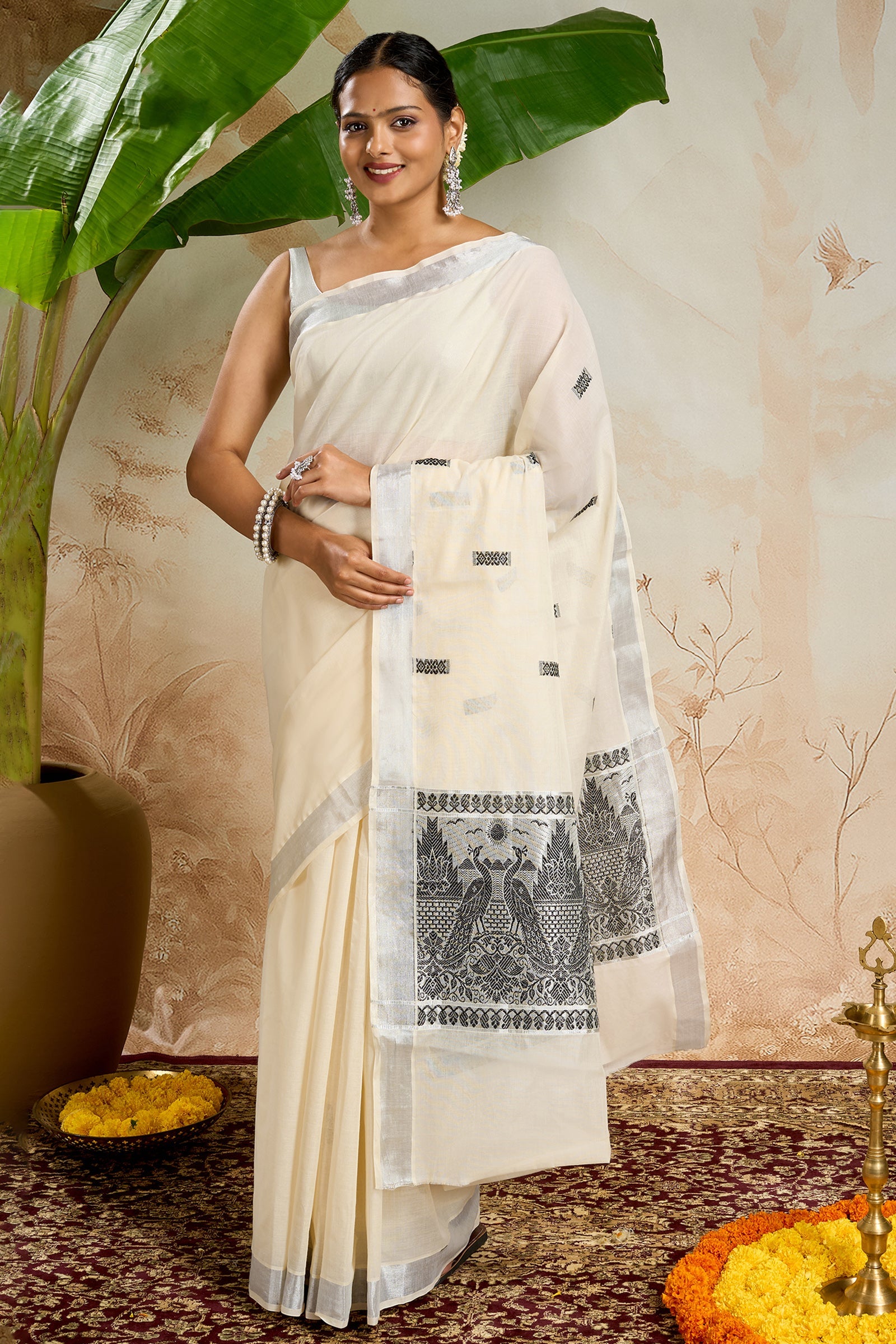 Teejh Varnika Cotton Off white and Black Kasavu Saree