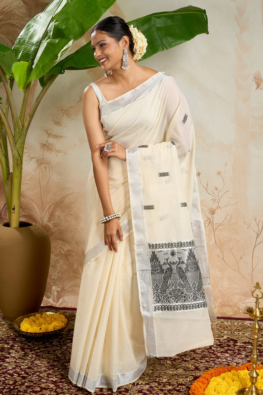 Teejh Varnika Cotton Off white and Black Kasavu Saree