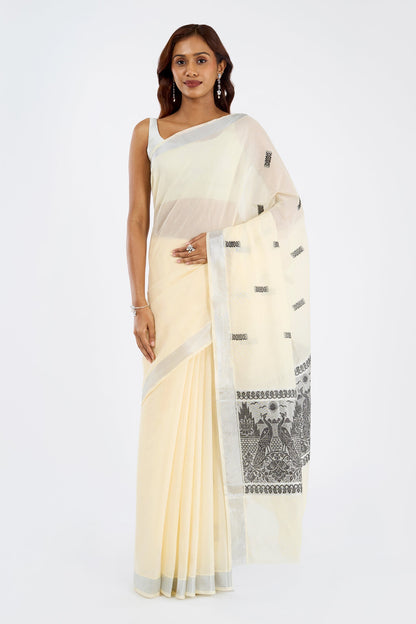 Teejh Varnika Cotton Off white and Black Kasavu Saree