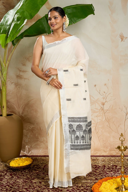 Teejh Mausami Cotton Off white and Black Kasavu Saree