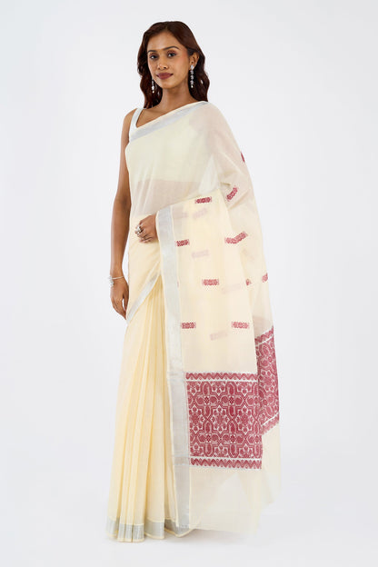 Teejh Vahina Cotton Off white and Maroon Kasavu Saree