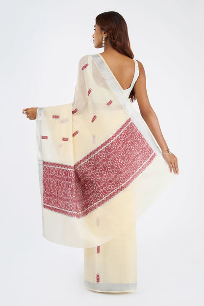 Teejh Vahina Cotton Off white and Maroon Kasavu Saree