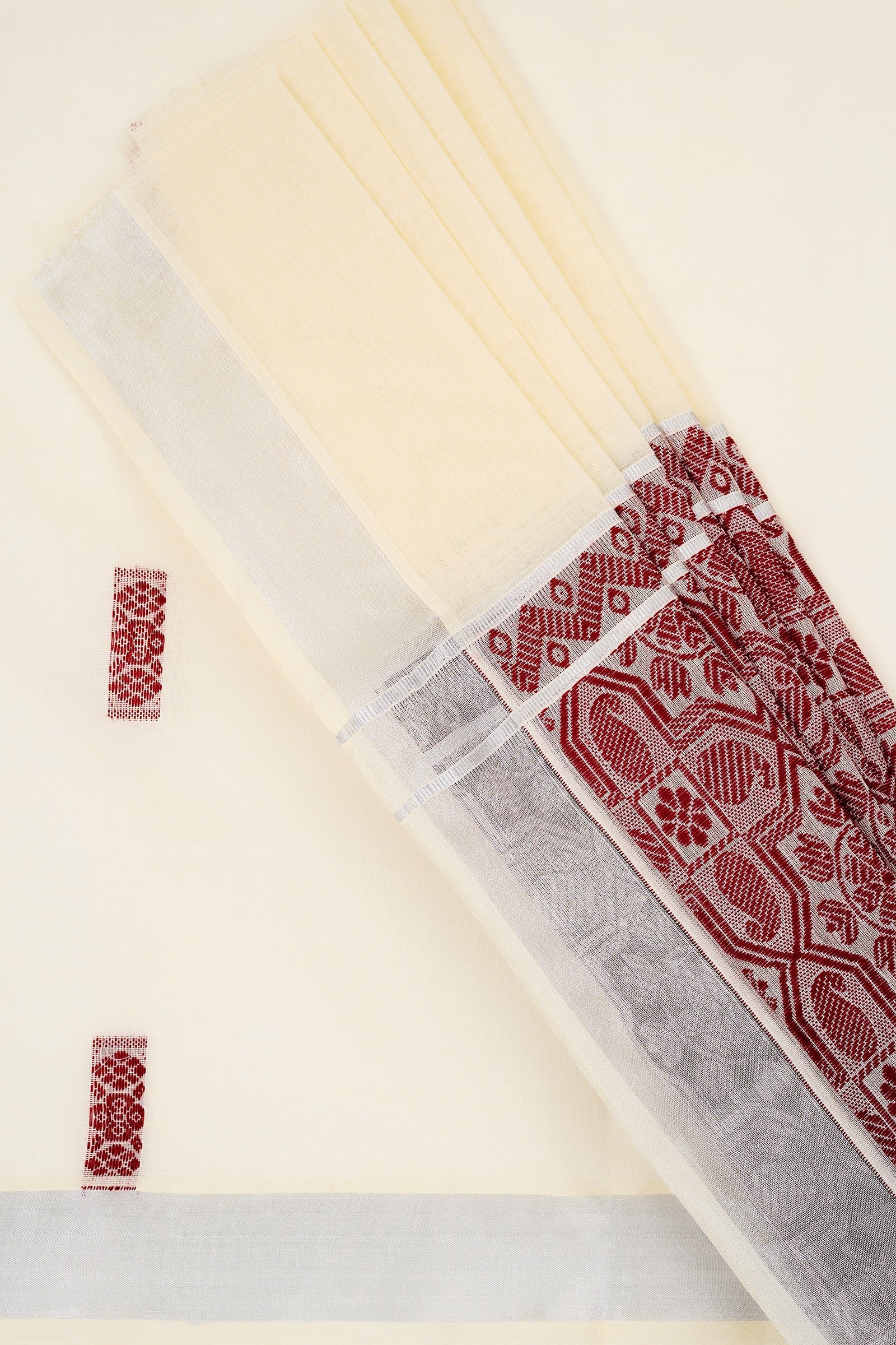Teejh Vahina Cotton Off white and Maroon Kasavu Saree