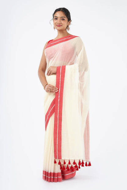 Teejh Aabheri OffWhite & Red Cotton Saree