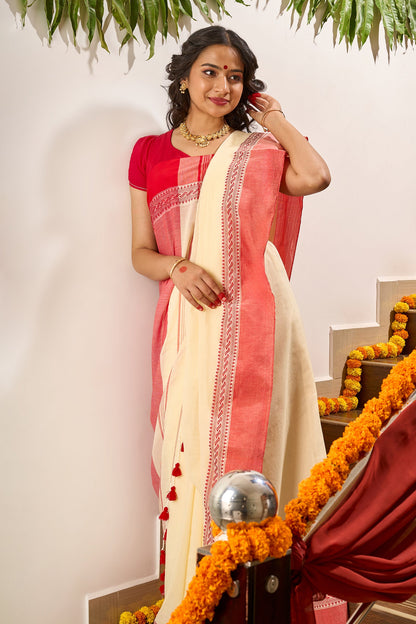 Teejh Mahishmardini  OffWhite & Red Cotton Saree