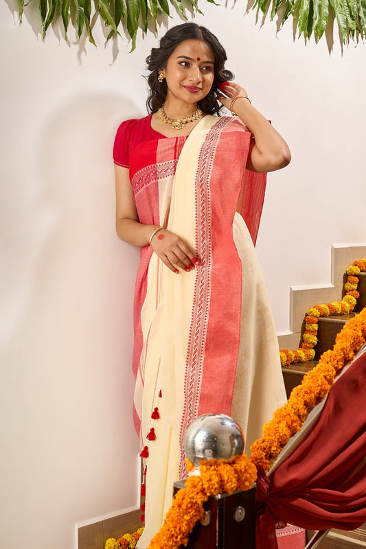 Teejh Mahishmardini  OffWhite & Red Cotton Saree