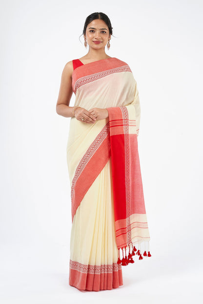 Teejh Mahishmardini  OffWhite & Red Cotton Saree