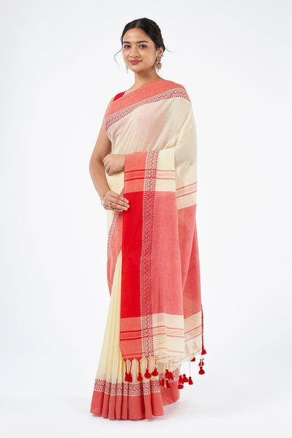 Teejh Mahishmardini  OffWhite & Red Cotton Saree