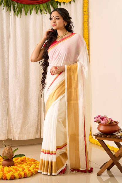 Teejh Mahadevi OffWhite & Red Cotton Saree