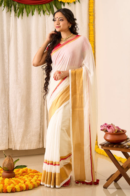 Teejh Mahadevi OffWhite & Red Cotton Saree