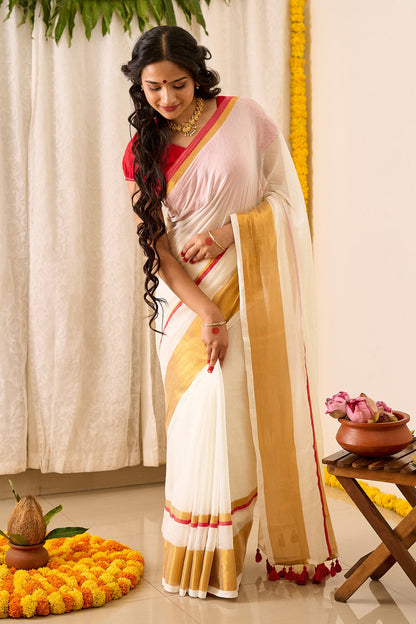 Teejh Mahadevi OffWhite & Red Cotton Saree