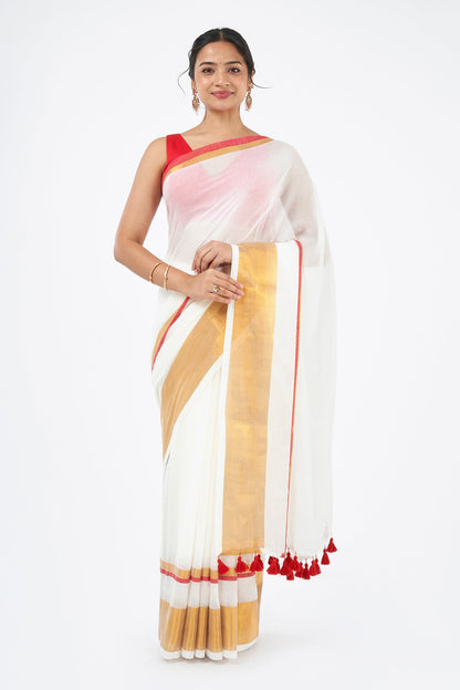Teejh Mahadevi OffWhite & Red Cotton Saree