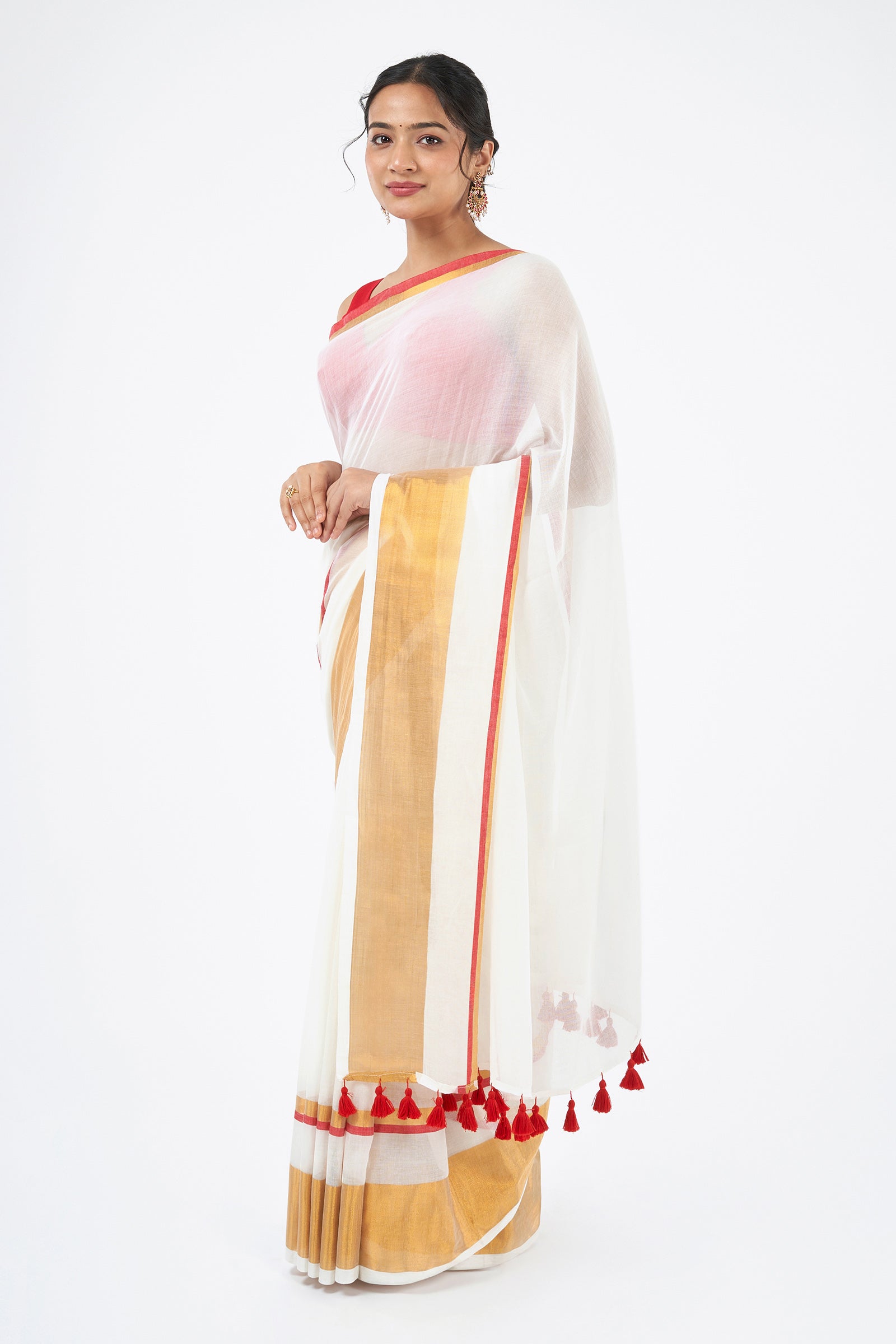 Teejh Mahadevi OffWhite & Red Cotton Saree