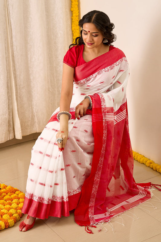 Teejh Mahishmardini  White & Red Cotton Saree