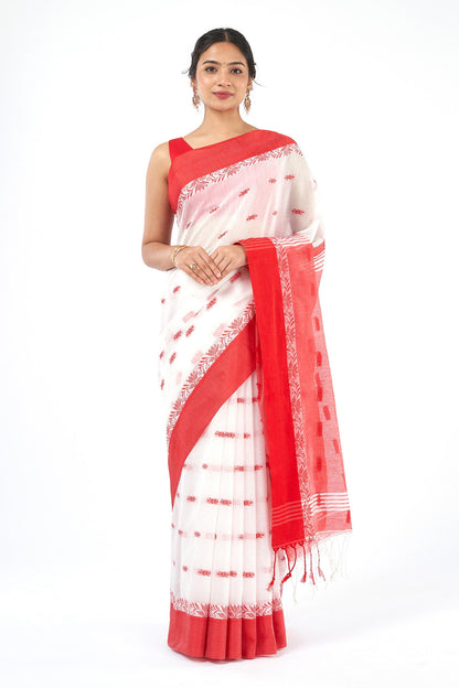 Teejh Mahishmardini  White & Red Cotton Saree