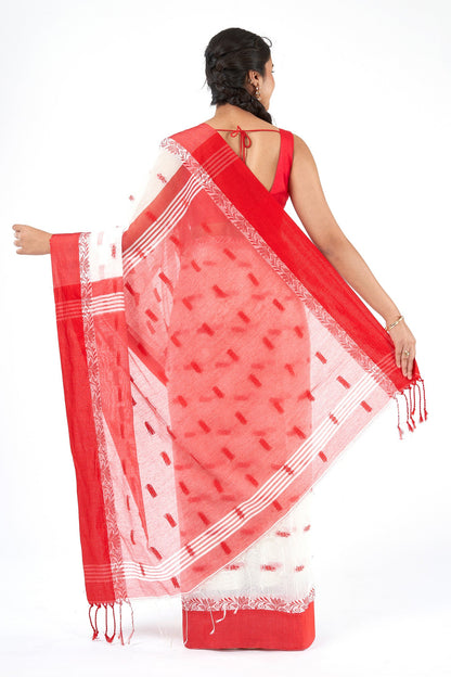 Teejh Mahishmardini  White & Red Cotton Saree