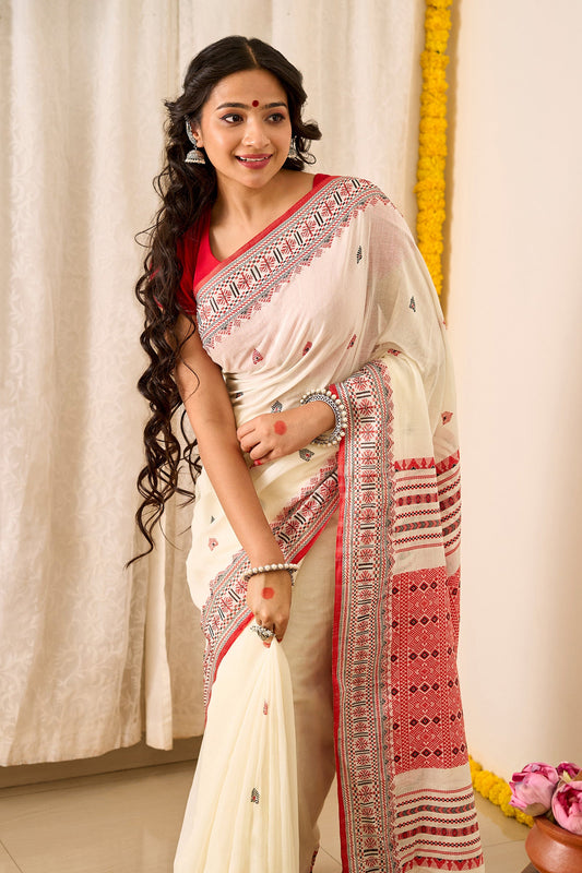 Teejh Alokya OffWhite & Red Cotton Saree