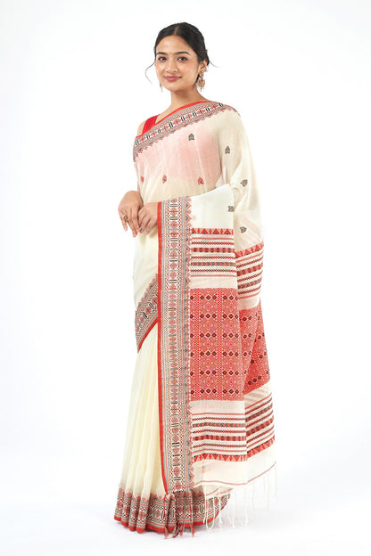 Teejh Alokya OffWhite & Red Cotton Saree