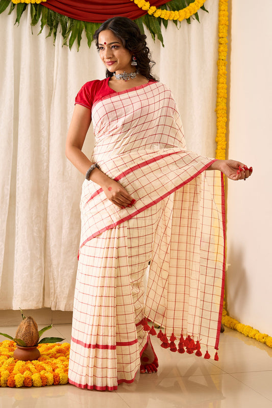 Teejh Agomoni OffWhite & Red Cotton Saree