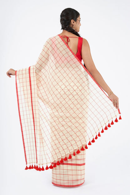 Teejh Agomoni OffWhite & Red Cotton Saree